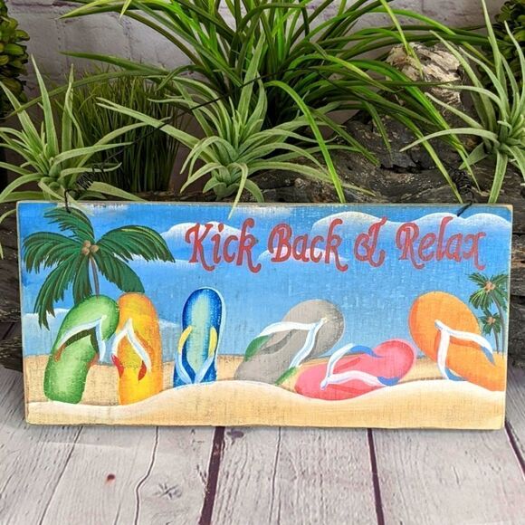 "Kick Back & Relax" Tropical Beach Distressed Wood Sign Home or Tiki Bar… - Picture 1 of 7